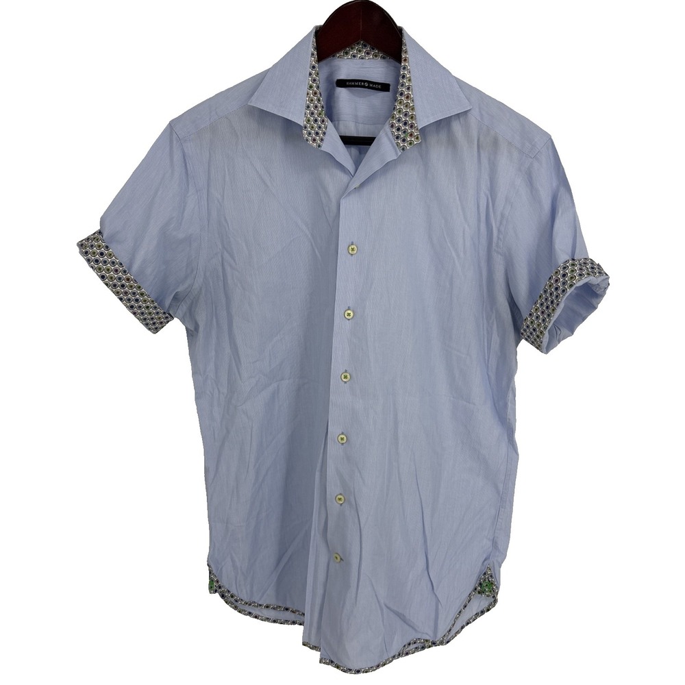 Hammer Made Shirt Mens Medium Blue Button Geometric Pinwheel Flip Cuff READ*